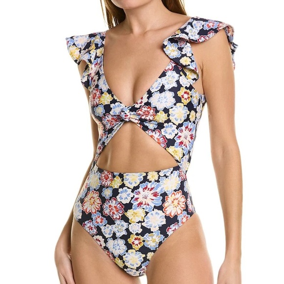 Tanya Taylor Coraline Cut Out Blue Floral Ruffles One Piece Swimsuit NWT Size XL - Picture 1 of 12